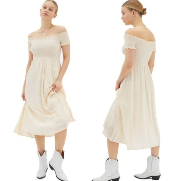 Urban Outfitters Amelia Off The Shoulder Neutral Smocked Midi Maxi Dress - Picture 1 of 15